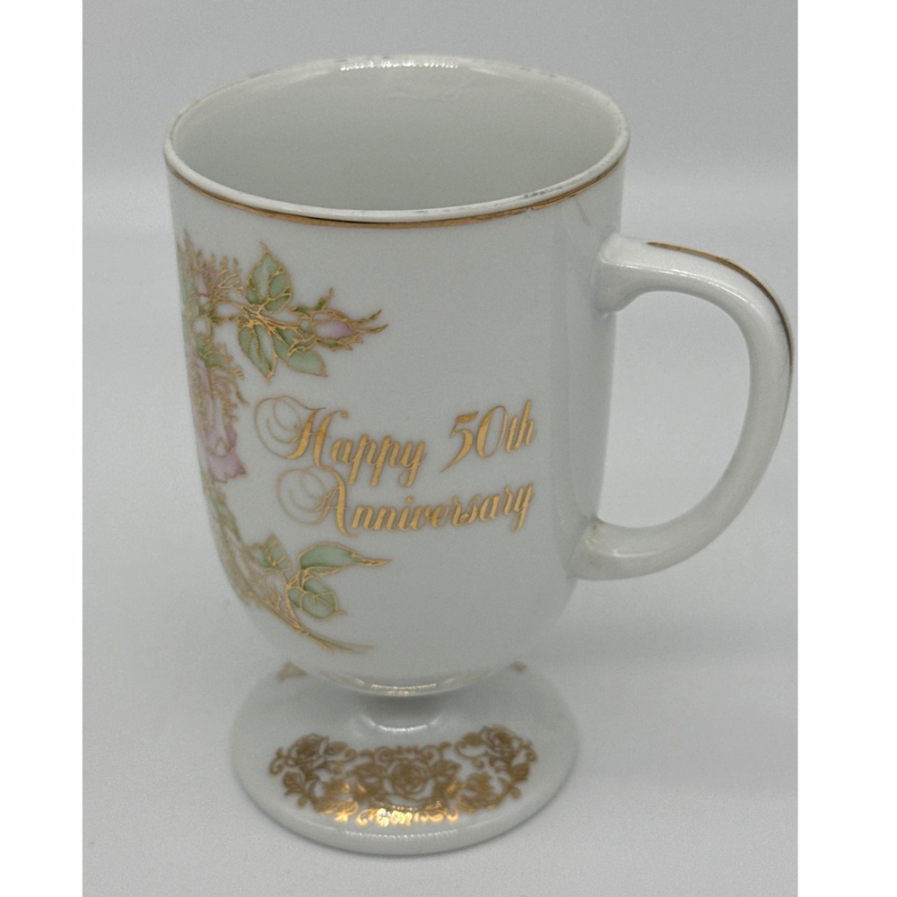 Vintage‎ 1983 Enesco 50th Anniversary Footed Porcelain Mug Gold Rose Japan 5"